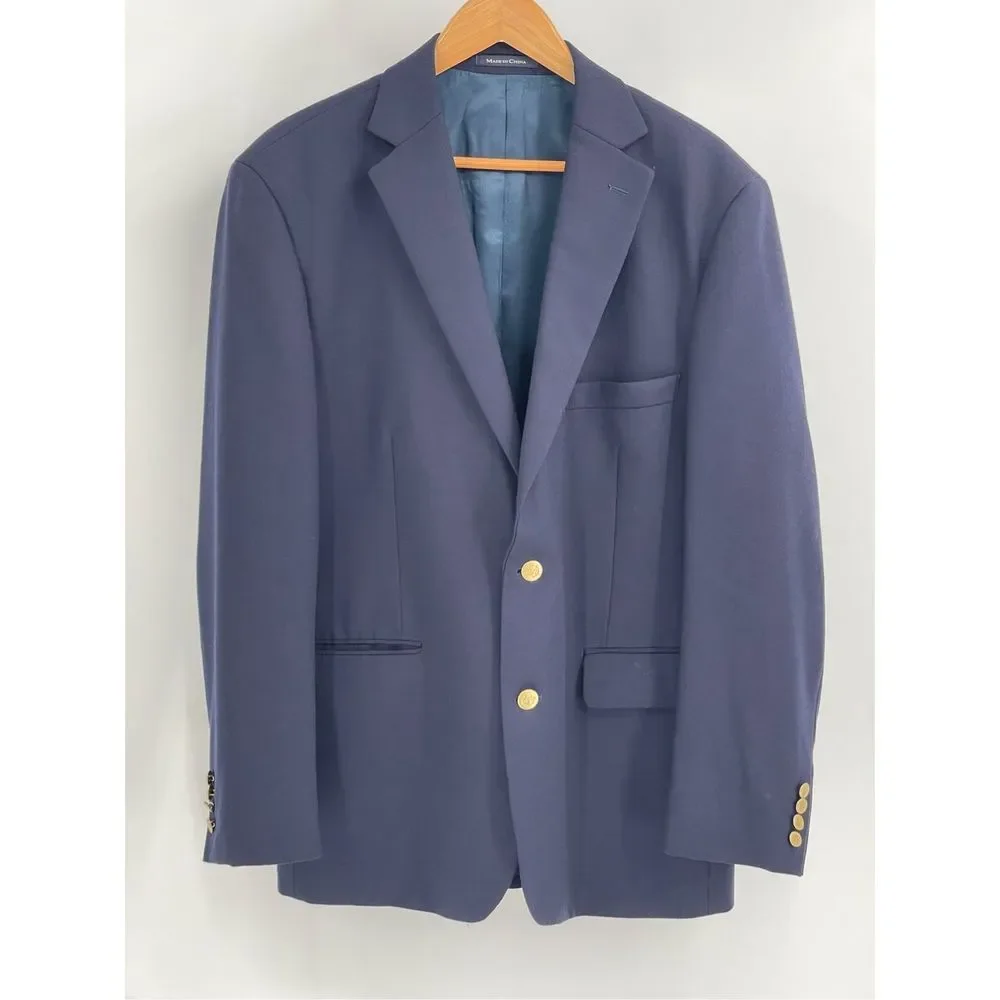Lands End Blazer Sport‎ Coat Suit Jacket Men Size 44 Blue Gold Button Wool